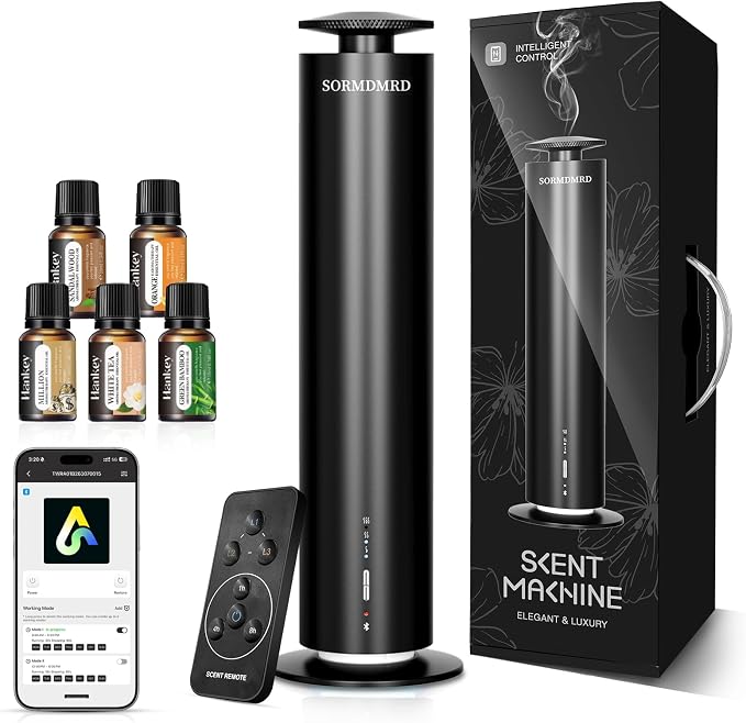 Waterless Scent Diffuser Starter Kit with 5 Oils Covers up to 2000 Sq Ft | Cold Air Diffusers for Home, Hotel, Office, Aromatherapy Diffuser with Adjustable Mist, Timer, App, Remote & Touch Control