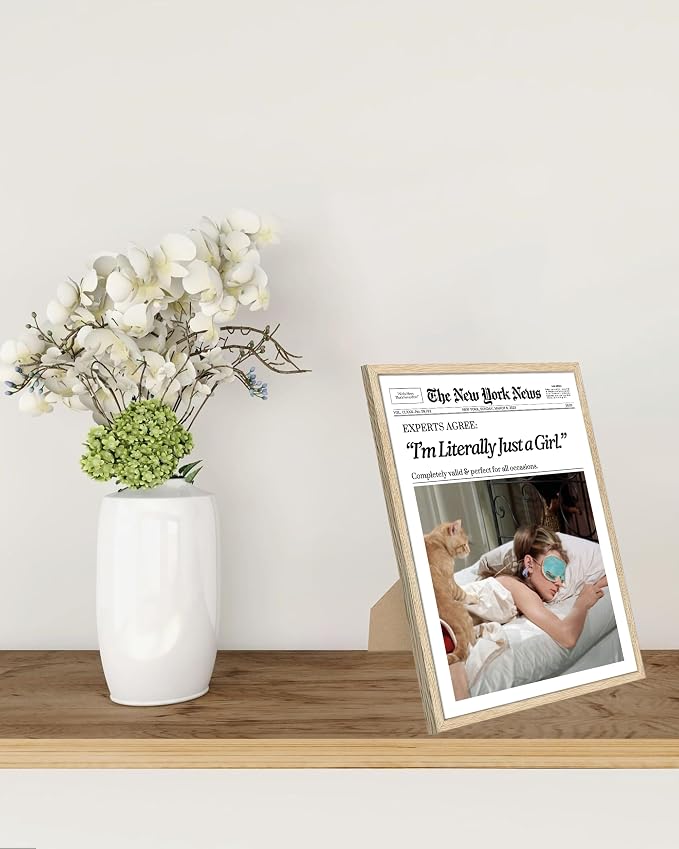 EcoHest 8x10 in Audrey Hepburn I'm Literally Just a Girl Framed Wall Art | Natural Oak Wood Frame with Canvas Wall Art, Vintage Newspaper Wall Decor for Bedroom, Bathroom, Apartment, Dorm Room, 1Pack