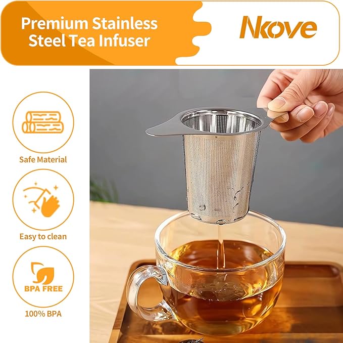 NKOVE Universal Tea Infuser with Lid Stainless Steel Filter Fits Mugs Cups Teapots Food Grade, Ultra-Fine Mesh, 304 Stainless Steel, Ideal for Loose Leaf Tea - Rooibos, Black, Herbal, Green