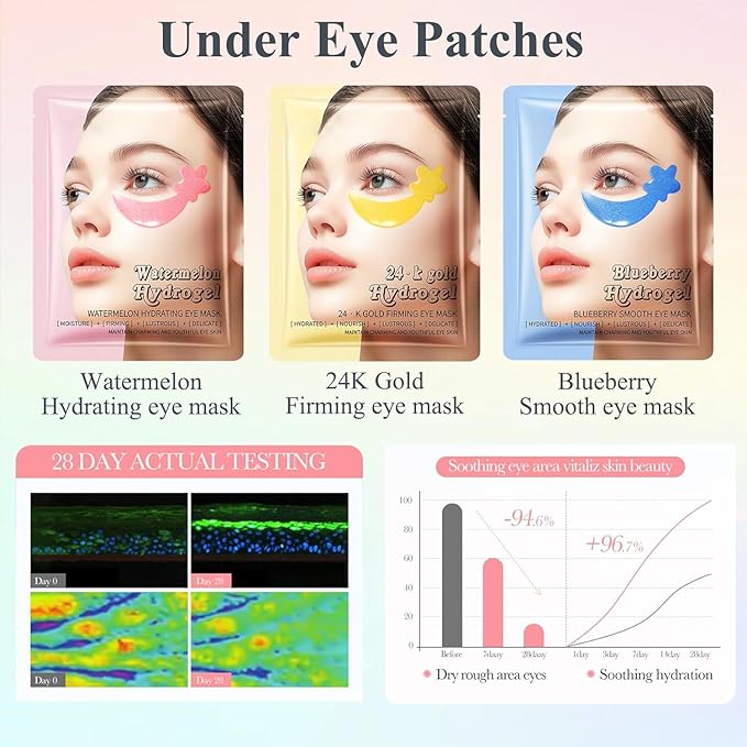 30 Pairs Under Eye Patches,Tri-color Star Under Eye Mask Patches for Sleepover Party,Cooling Eye Patches for Puffy Eyes and Dark Circles,Blueberry+Watermelon+24K Gold Hydrogel Overnight Eye Patches