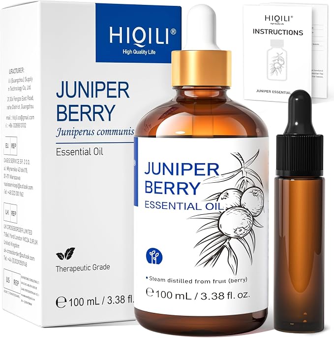 HIQILI Juniper Berry Essential Oil for Aromatherapy,Hair & Skin Care | Brings Long-Lasting Woody Aroma, Calming Relaxation, Versatile DIY & Full Space Odor Elimination -100ml / 3.38 fl oz
