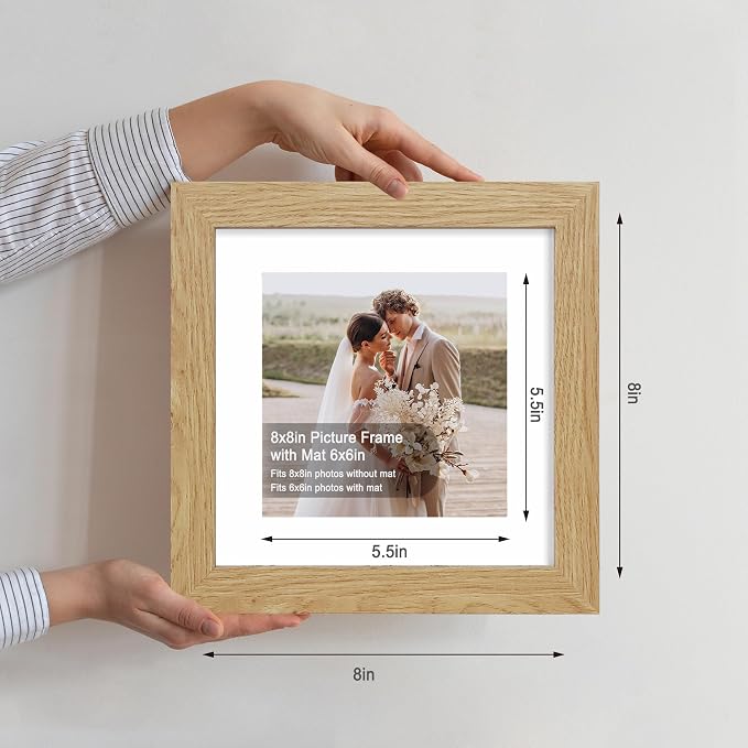 Hongkee 8x8 Picture Frames Set of 4, Made of Glass and Natural Oak Wooden Frame - Display Picture 6x6 with Mat or 8 x 8 Without Mat, 8 by 8 Photo for Wall or Tabletop