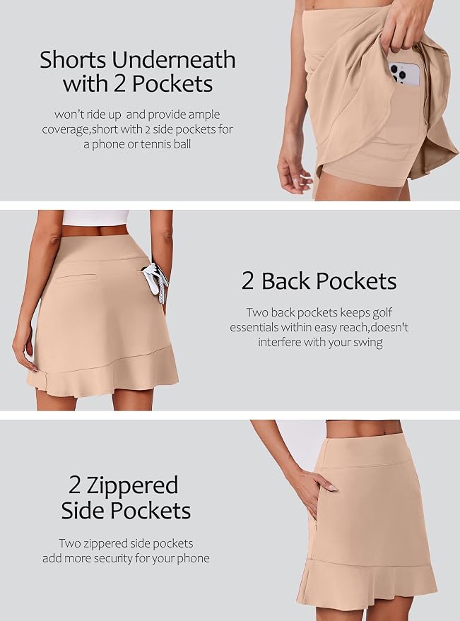 PINSPARK 18" Golf Skorts for Women with 6 Pockets Ruffle Athletic Skort | Above the Knee,High Waist,UPF 50+,4-way Stretch,Lightweight,Ruffle Hem,Tennis,Casual,Work,Pickleball