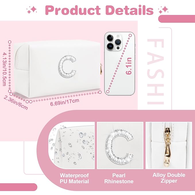 Bride Gifts – Personalized Initial Makeup Bag with Pearl Rhinestone Patch, Preppy White Monogram Cosmetic/Toiletry Pouch, bridesmaid Gifts, Bridal Shower Gifts, Wedding Gifts, Bridal Gifts,C