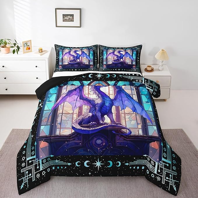 Feelyou Dragon Comforter Set Full Size Dragon Stuff Comforter for Boys Girls Teens Modern Bedding Set Dragon Decor Duvet Set Room Decor Purple Quilt Set