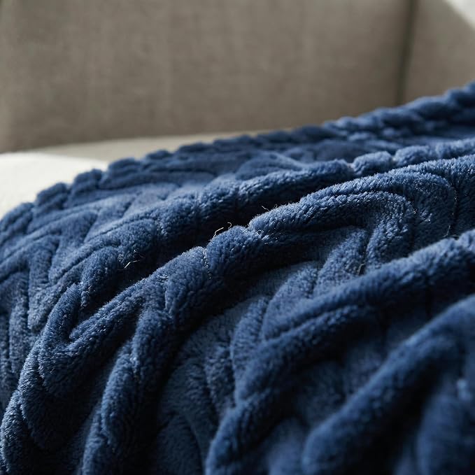 Exclusivo Mezcla Soft Fleece Blanket Queen Size for Bed, Sofa, Navy Blue | 90"x90" Breathable Lightweight Flannel Blanket for Summer, Plush Cozy Jacquard Wave for Home Decor