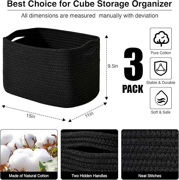 ICERZCZ Black Storage Baskets for Organizing Shelves, Toy Basket for Nursery, Woven Cotton Rope Basket for Decor, Towel Baskets for Bathroom, 15"x11"x9.5", 3 Packs, Black