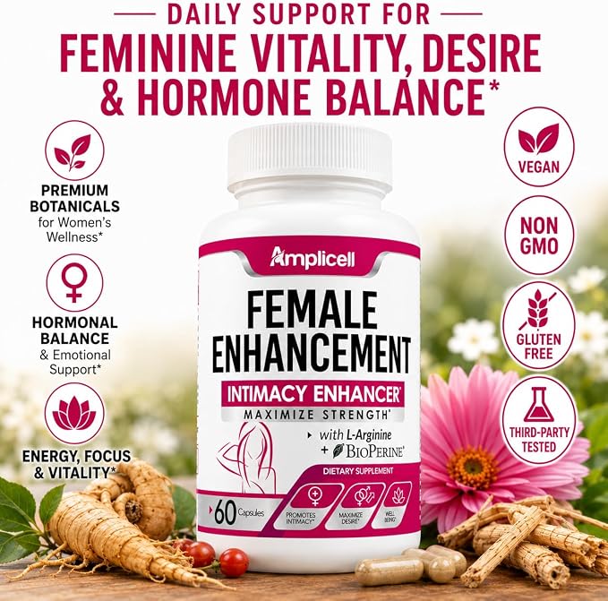 AMPLICELL Women's Libido Support & Hormone Balance – Maca, Ashwagandha, Dong Quai, Ginseng & Tongkat Ali – Energy, Mood & Feminine Vitality – Non-GMO, Vegan – 60 Ct