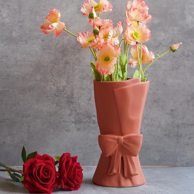 Relexome Pink Ceramic Bow Vase 9.64 in Unique Cute Modern Decorative Bouquet Flower Vases for Home Living Room Table Decor Women Girl Gifts