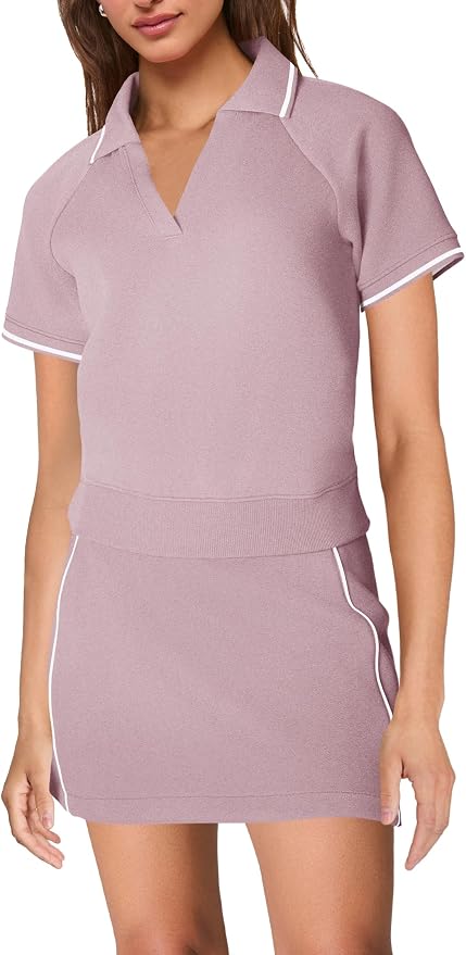 Womens Workout Sets 2 Piece Outfits V Neck Short Sleeve Polo Shirt and Tennis Skort Set with Pockets