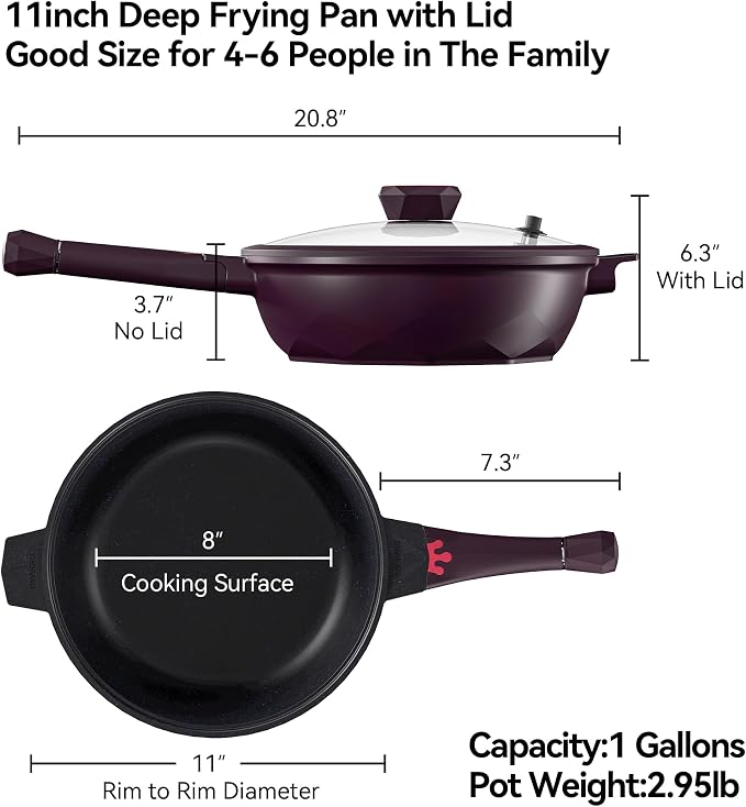 TIBORANG 11 Inch Nonstick Frying Pan with Lid,8-in-1 Multipurpose Cookware | 5 Qt Deep Sauté Pan Skillet with Steamer, Dishwasher & Oven Safe, Induction Compatible, Stay-Cool Handle, Midnight Purple