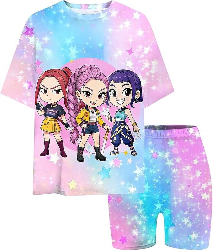K-POP DEM0N Hunters Outfits for Girls, 2 Piece T-Shirts and Apparel Sets Birthday Gift