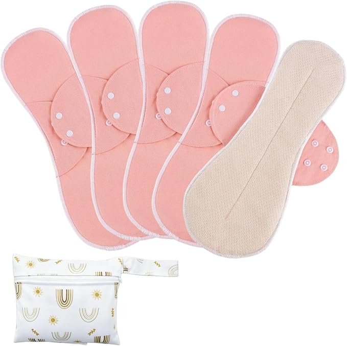 Pure Cotton Mesh Pads Sanitary Napkins,Washable Menstrual Pads,Reusable Incontinence Pads,with 1 Storage Bag,Panty Liners Pads Period for Women/Incontinence Patients.(Coral Pink/XXL/5pcs)
