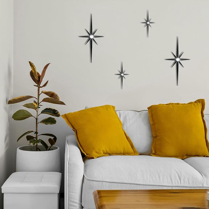 4 Pcs Star Wall Art for Home Decor Living Room Bedroom Office Metal 3D,Bling,with Hanging Hook Starburst Midcentury Sculpture Retro Gallery Accent Celestial -Black 16.5in/9.4in