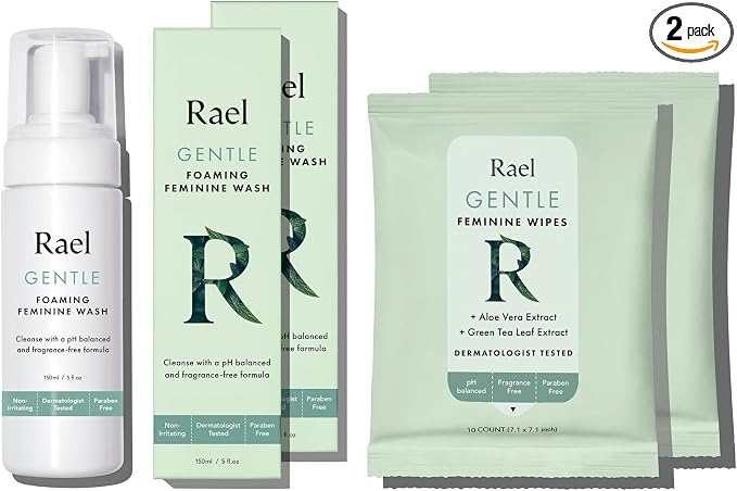 Rael Feminine Care Wash & Wipes Bundle - pH-Balance, Artificial Fragrances Free, Vegan, Cruelty-Free/Foaming Feminine Cleansing Wash (5oz, 2 Pack) & Flushable Feminine Wipes (10 Count, Pack of 2)