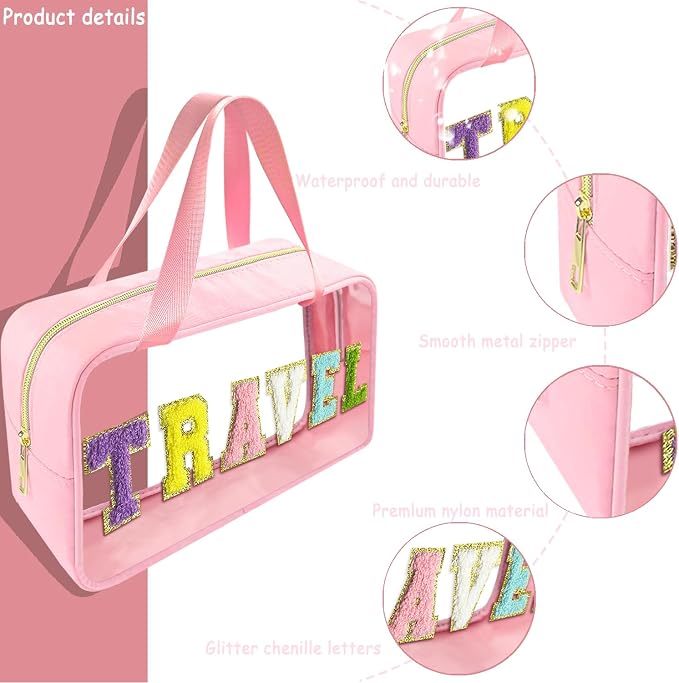 Bunliuys Chenille Letter Clear Makeup Bag Travel Patch, Travel Toiletry Makeup Bag with Handle, Nylon Waterproof Makeup Bags clear cosmetic bag, preppy patch makeup bag for Women (TRAVEL-Pink)
