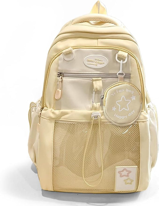 Kawaii Backpack Double Shoulder Bag with Cute Star Removable Pouch Clear Pocket Large Capacity Dopamine Colors Daypack (Clear Yellow)