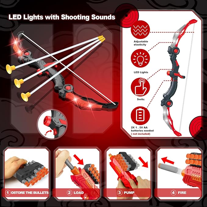 SpringFlower 2 Bow and Arrow Sets with LED Light-up,2 Foam Dart Guns for Kids 5 6 7 8 9 10+ Years Old, Archery Set with Standing Target for Boys & Girl, Ideal Gift