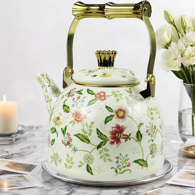 Vintage Enamel Tea Kettle Fragrant Flowers Pattern Stovetop Teapot with Gold Handle 2.5L Enamel Kettle Kitchen Decor, Ideal Gift for Housewarming Camping Coffee Pot