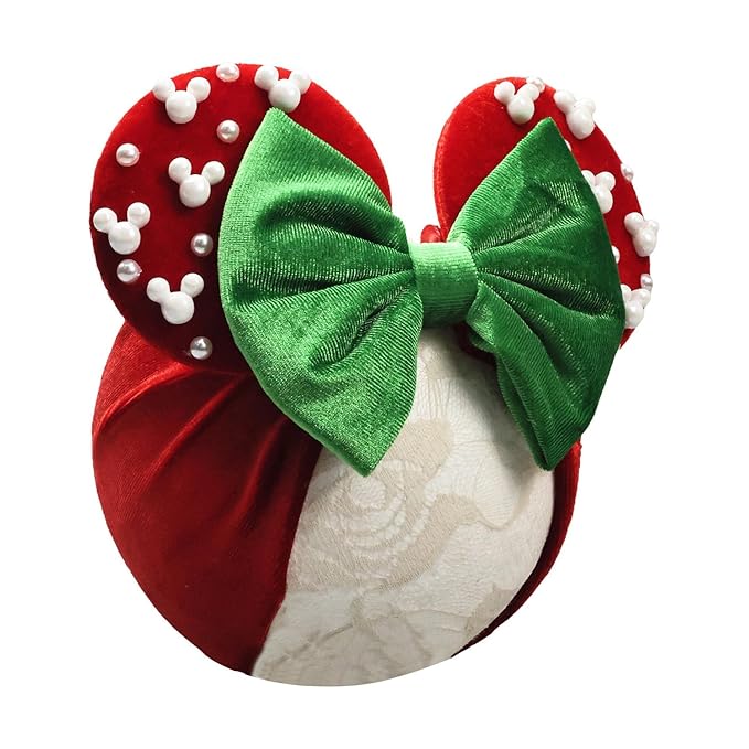 JIAHANG Christmas Mouse Ears Turban Headwrap with Pearls, Velvet Hair Bow Hairband with Beadings for Baby Girls Infants Toddlers Kids