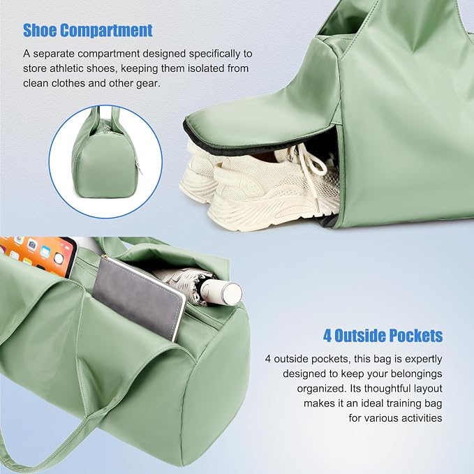 Forestfish Yoga Gym Bag For Women With Shoes Compartment & Wet Dry Storage Pockets Lightweight Duffel Bag, Green