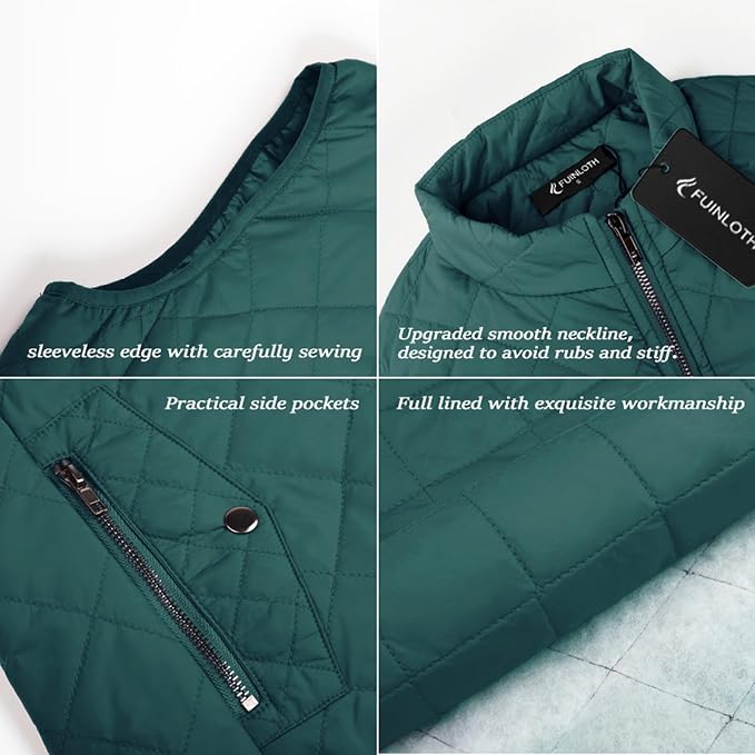 Fuinloth Women's Quilted Vest Lightweight Puffer Stand Collar Zip Gilet | 4 pockets with 2 inner storage. Quilted padded warm gilet. Fall winter outerwear layering vest for travel hiking daily wear.