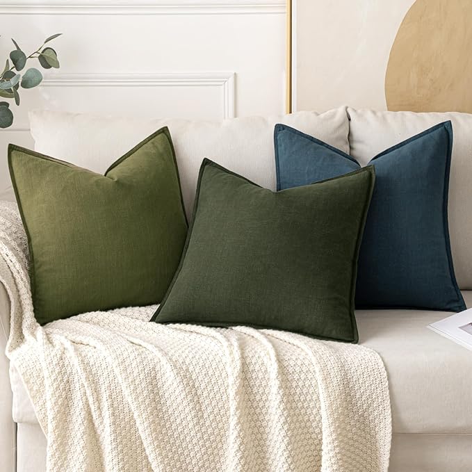MIULEE Decorative Linen Euro Sham Pillow Covers 24x24 Inch Green | Boho Farmhouse Neutral Couch Throw Pillows for Bed, Pack of 2 Accent Modern Pillowcases, Sofa Livingroom Home Decor