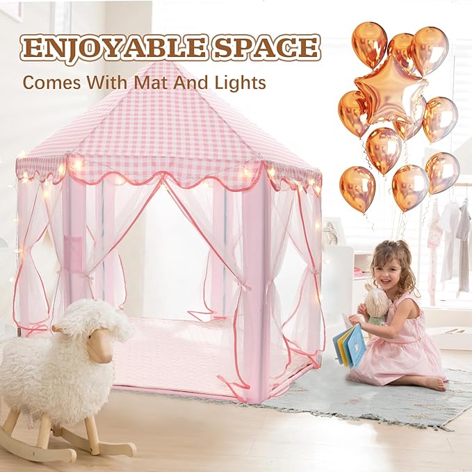 Princess Play Tent, Large Playhouse Castle Play Tent with Mat, Star String Toy, Indoor and Outdoor Games, for Children, Kids, Girls, Pink Plaid, 53" x 53" x 51", Pink