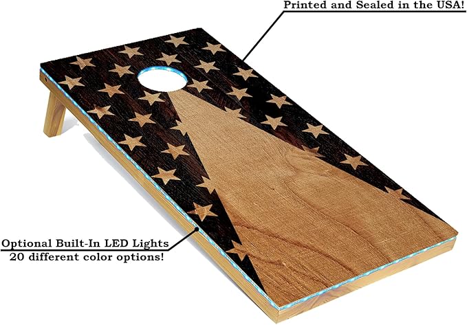 Tailgating Pros American Themed Lightweight Corn Hole Board Set w/Multicolored LED Rings, Bean, Bags, and Carrying Case - 4'x2' Cornhole Toss