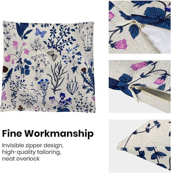 AEIOAE Summer Pillow Covers 20x20 Inch Set of 2,Navy Blue Wild Flower Plant Throw Pillows Case,Seasonal Floral Outdoor Decorative Square Linen Farmhouse Decor Cushion Covers for Home Sofa Bed Couch