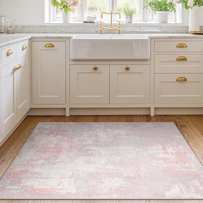 RELEANY Washable 4'x6' Abstract Area Rug for Living Room Gray Pink | carpet for bedroom, kitchen, office, hallway and entryway, printed pattern, non-slip, soft, stain-resistant, easy to clean