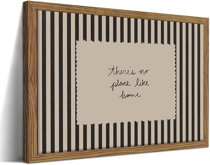 Framed Vintage Inspirational Wall Art, Minimalist There is No Place Like Home Canvas Wall Decor Painting, Black and White Striped Quote Poster Print Picture for Living Room Bedroom 16x24 Inch