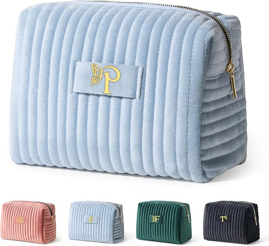 COSHAYSOO Travel Makeup Bag Quilted Make Up Pouch Initial Cosmetic Case with Butterfly Decorations for Women Lipstick Glossier Lipgloss Lip Stain Moisturizer Mascara Eyeliner Organizer Blue Letter P