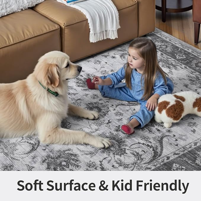 5x7 Ft Machine Washable Area Rugs for Bedroom, Thin Vintage Floral Print Rug Non Slip Carpet for Living Room, Dining Room, Office Home Decor (Grey)