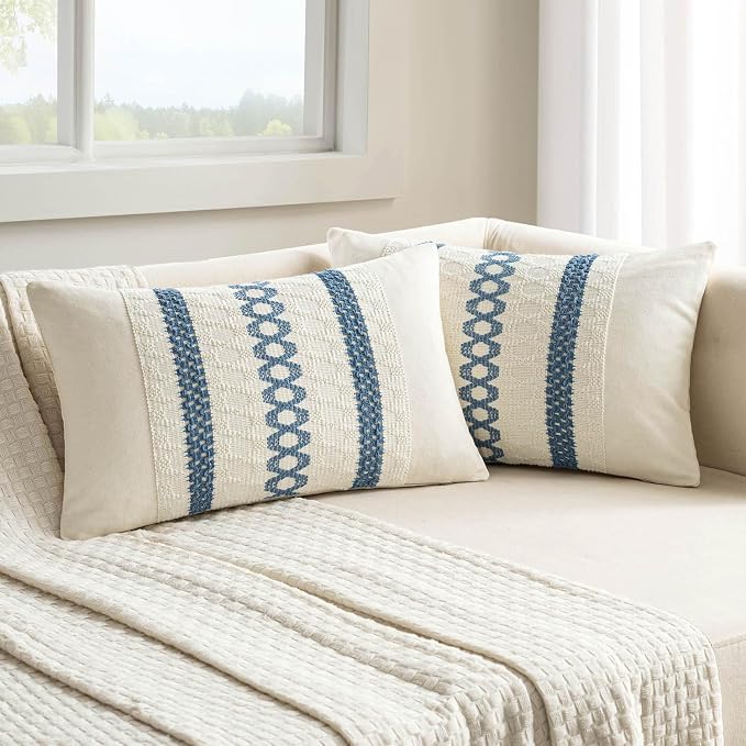 MIULEE Set of 2 Blue Boho Decorative Lumbar Pillow Covers 12x20 Inch | Farmhouse Coastal, Couch Throw Pillows, Modern Cushion Covers, Macrame Woven Spring Decor for Bed Sofa Chair