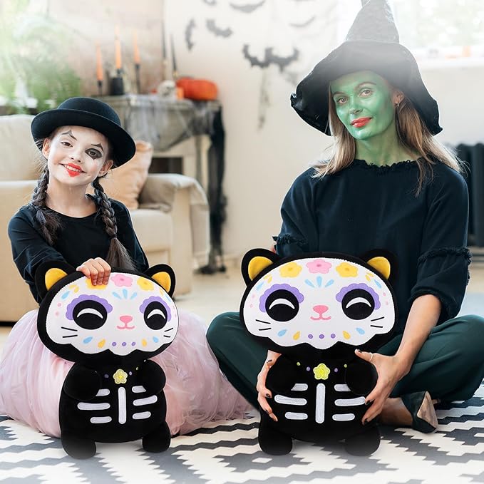 Achwishap Black Cat Stuffed Animal-14” Day of The Dead Cat Plush,Soft Cats Plush Toys Halloween & Día de Los Muertos Gifts for Kids,Cute Kitten Plushies,Kawaii Stuffed Pillow,Animal Pillow for Adults