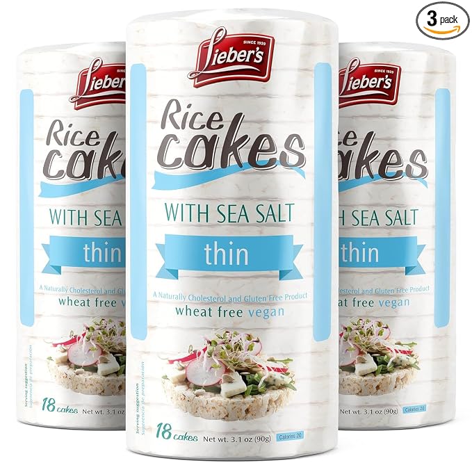 Lieber's Sea Salt Whole-Grain Brown Rice Cakes, Gluten Free, Vegan, 3-Pack | Dairy Free, Wheat Free and Kosher Certified, Crispy, Crunchy Snack with 60 Calories or Less per Cake for on-the-go Eating.