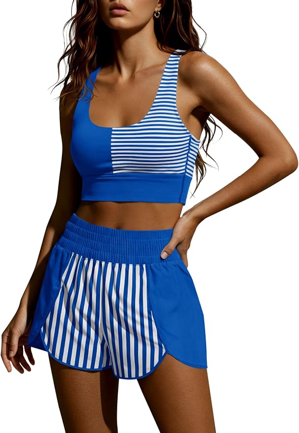 Fisoew Womens Two Piece Workout Outfits Cropped Tank Top Color Block Gym Yoga Athletic Short Sets with Built-in Bra