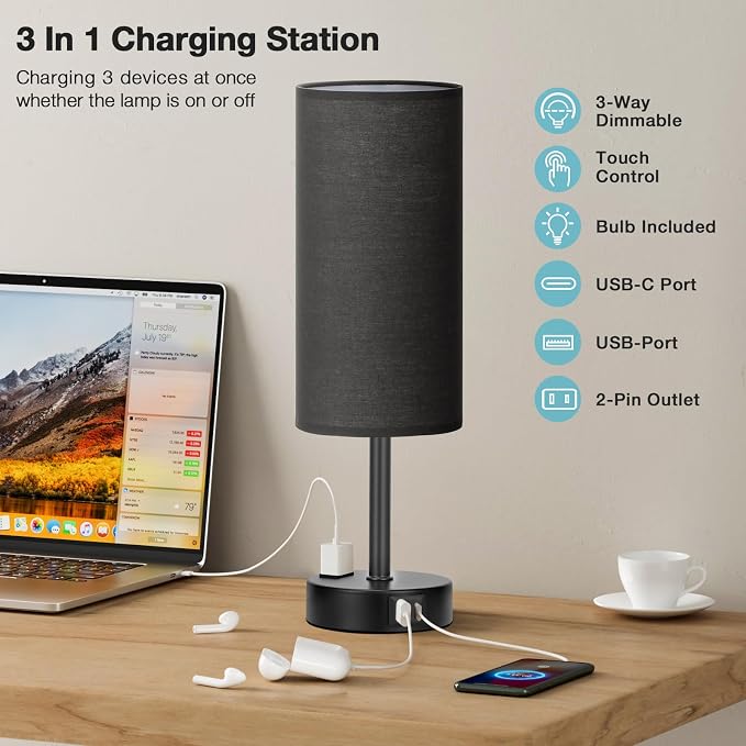 Fenmzee Black Bedside Lamp for Bedroom, Dimmable Touch, USB A+C, AC Outlet | 3-Way Dimmable, LED Bulb Included, USB C+A Charging Ports, Black Fabric Lampshade, Metal Base, 14in Small Table Lamp