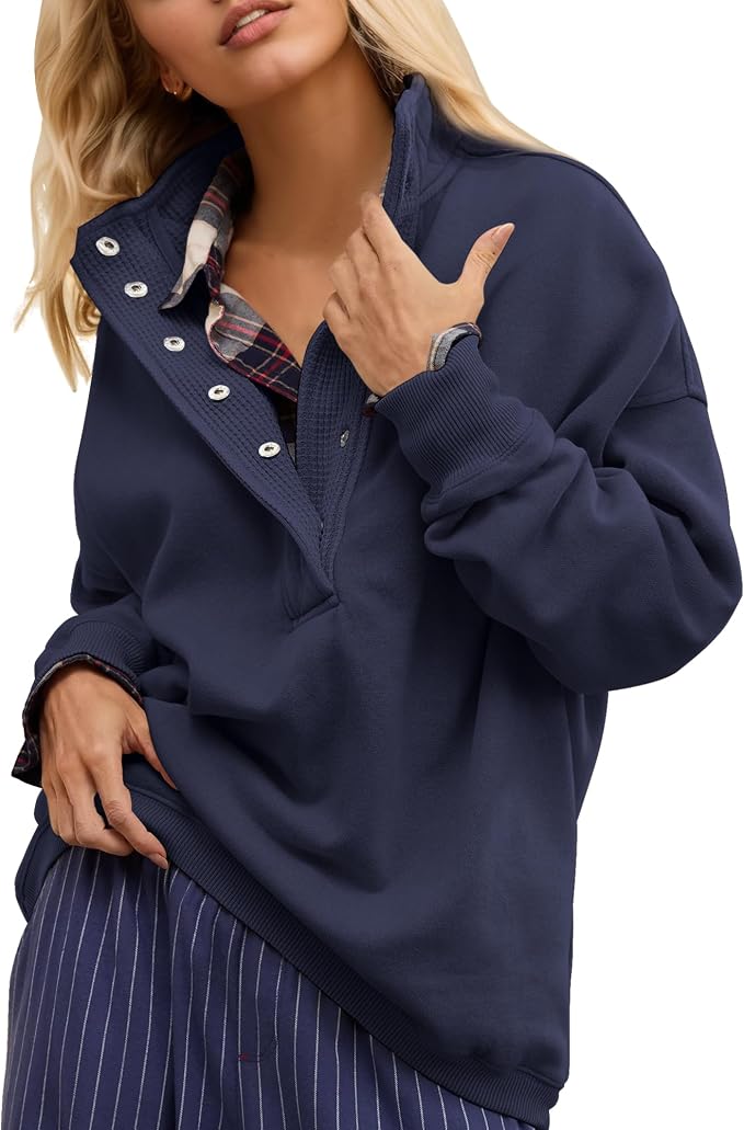 Gacaky Sweatshirt for Women Oversized Casual Long Sleeve Button Henley Neck Pullover Tops Fashion Outfits Clothes