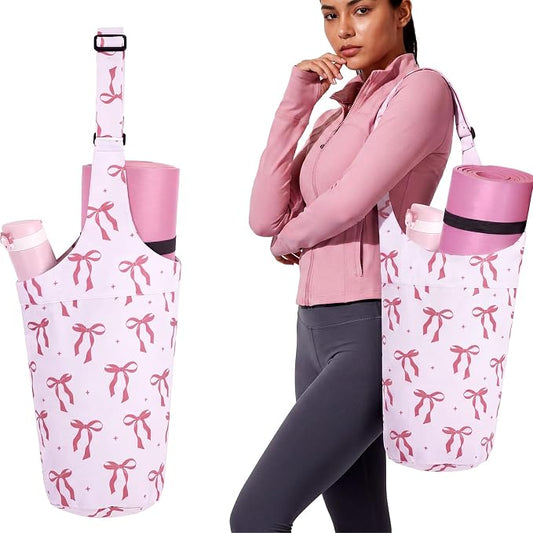SATINIOR Pink Bow Yoga Mat Bag with Large Size Pocket & Zipper Pocket Oxford Cloth Yoga Bag Mat Carrier Holder Adjustable Shoulder Strap Women Gym Pilates Accessories for Travel Office Beach Workout