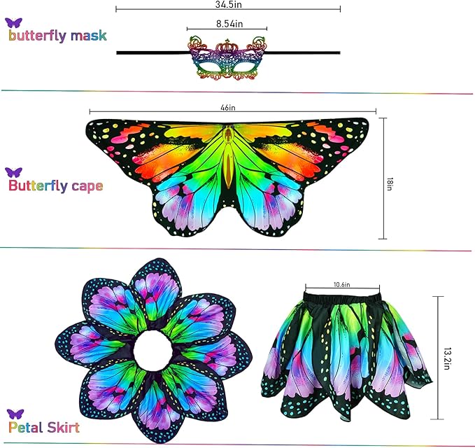 Kids Butterfly Wings Costume for Girls Fairy-Wings Mask Party Favors Gifts (Rainbow+Skirt Sets)