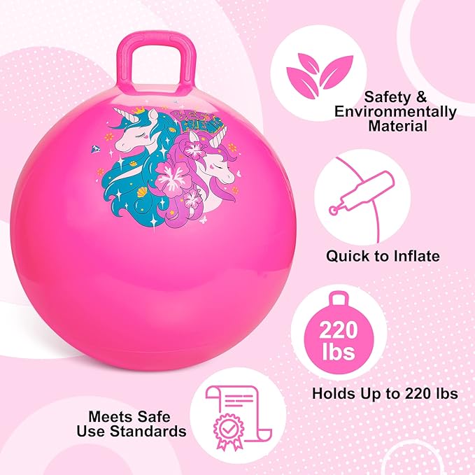 ZOOJOY Hopper Ball, Pink Bouncy Balls for Kids, 20 Inch Sit on Jumping Toys with Handle for Girls Gift Aged 6-12, Inflatable Unicorn Bounce Hopper Balls Toy with Pump