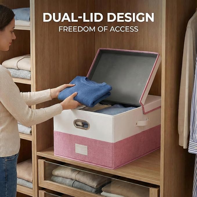 Storage Bins with Lids [3-Pack] Linen Fabric Foldable Storage Boxes Organizer Containers Baskets Cube with Cover for Bedroom Closet Office White&Pink (23.4X15.9X11.4)