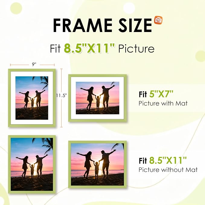 FIXSMITH 8.5x11 Picture Frame Set of 2, Green Photo Frame with HD Plexiglass, Display Pictures 6x8 with Mat or 8.5x11 Without Mat, Black Picture Frames Collage Wall Decor, Gallery Wall Frame