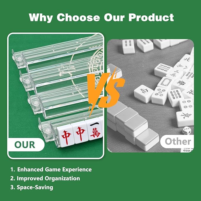 Mahjong Racks with Pushers, All-in-One Mahjong Tile Pushers and Racks with 3 Dices, Modern American Tile Set of 4 (Clear)