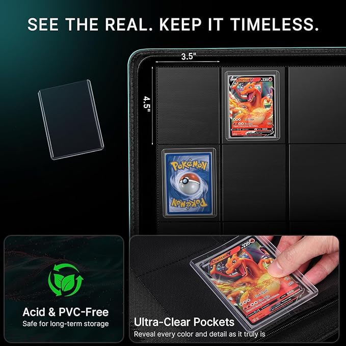 Foluck 9 Pocket Top Loader Binder, Holds 252 Toploaders, 200Pcs Top Loaders & Card Sleeves Included, Side-Loading Trading Card Binder, Premium Collection Album for Pokemon, MTG, Sports Cards (Teal)