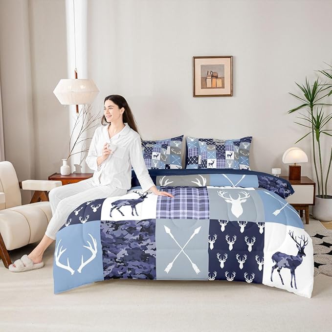 Feelyou Hunting Camo Deer Comforter Set Queen Size 7pcs Blue Camouflage Hunter Bedding Set Wildlife Animal Bed in a Bag with Comforter, Sheets, Pillowcases, Cushion Covers Rustic Western Decor