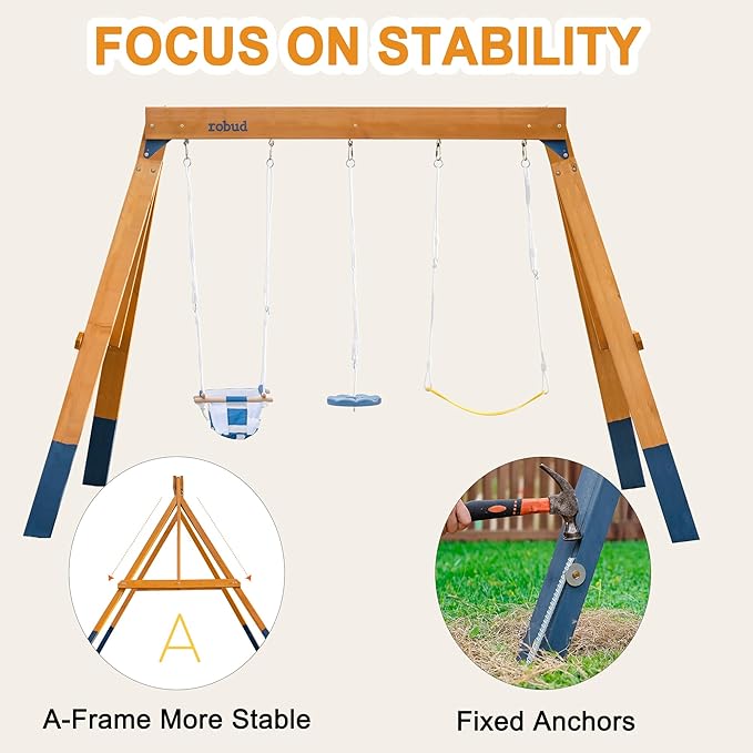 ROBUD 3-in-1 Playground Wooden Swing Sets for Backyard, DIY Swing Sets with Tree Swing and 2 Toddler Swings, Kids Outdoor Play Equipment, Outdoor Playset for Kids & Toddlers, Ages 3+