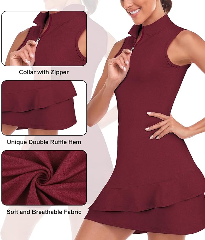Viracy Tennis Dress for Women Sleeveless Golf Dresses with Shorts and Pockets Ruffle Zip Up Stand Collar Golf Outfits